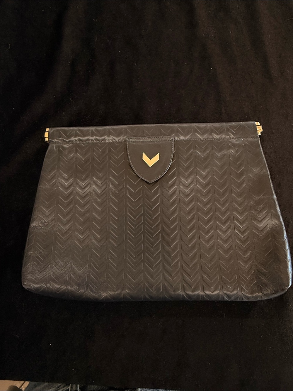 Valentino Black Chevron-Embossed Clutch with Gold V Accent